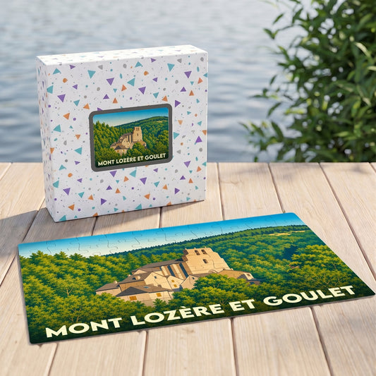 Puzzle souvenir de la ville de Mont Lozère et Goulet avec une illustration de paysage boisé.