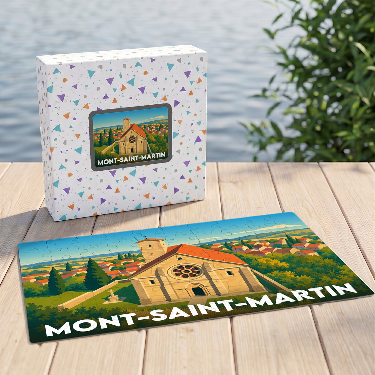 Puzzle souvenir de la ville de Mont-Saint-Martin avec une illustration stylisée d'une église romane.