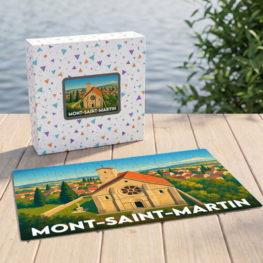 Puzzle souvenir de la ville de Mont-Saint-Martin avec une illustration stylisée d'une église romane.