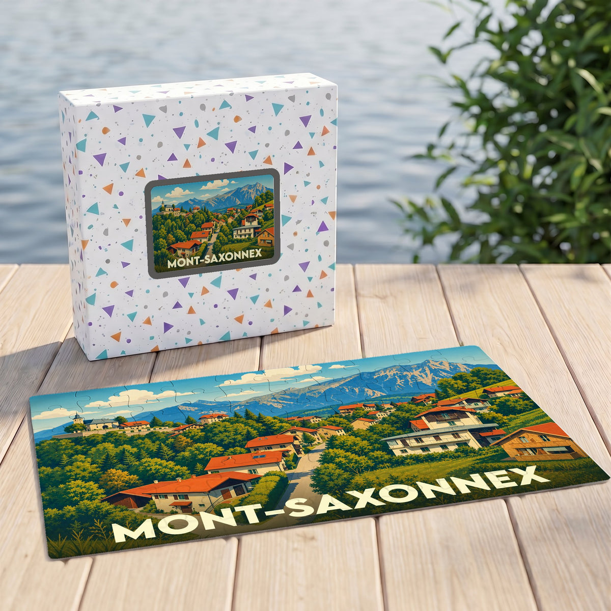Puzzle souvenir de la ville de Mont-Saxonnex avec une illustration stylisée d'un paysage de montagne.
