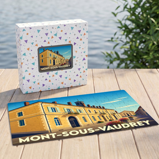 Puzzle souvenir de la ville de Mont-sous-Vaudrey avec une illustration stylisée d'un bâtiment historique.