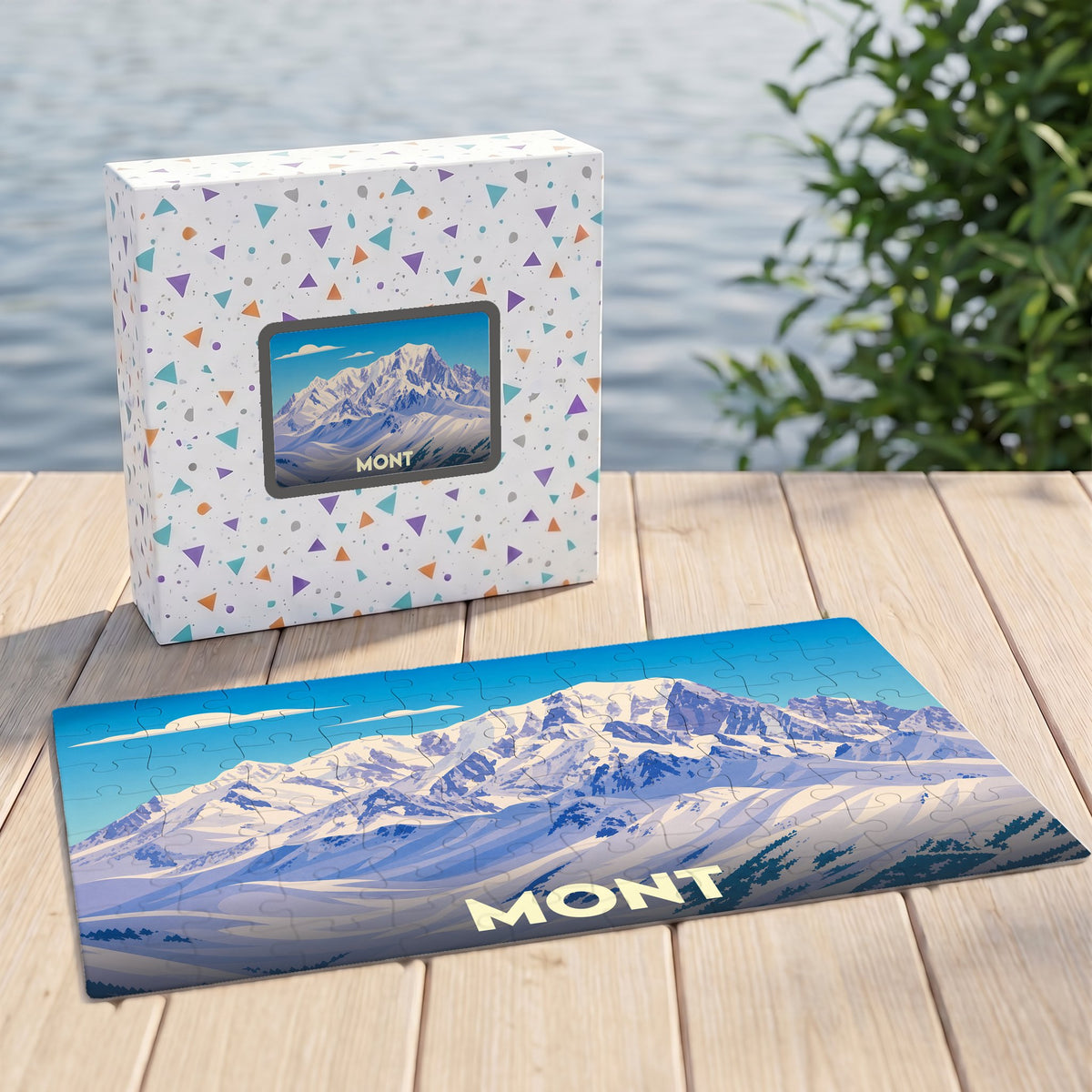 Puzzle souvenir de la ville de Mont avec une illustration de montagne enneigée.