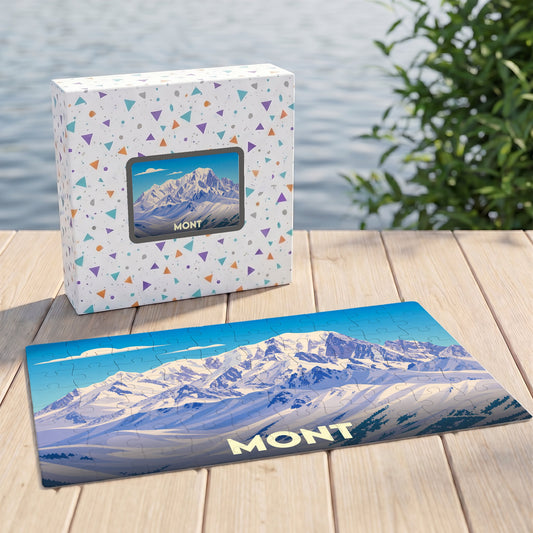 Puzzle souvenir de la ville de Mont avec une illustration de montagne enneigée.