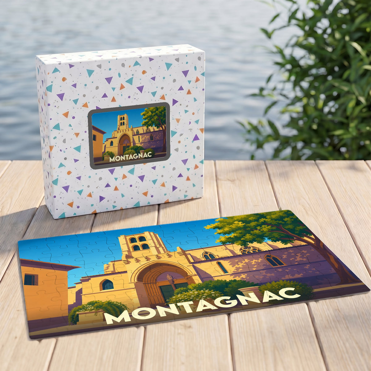 Puzzle souvenir de la ville de Montagnac avec une illustration stylisée et sa boîte assortie.