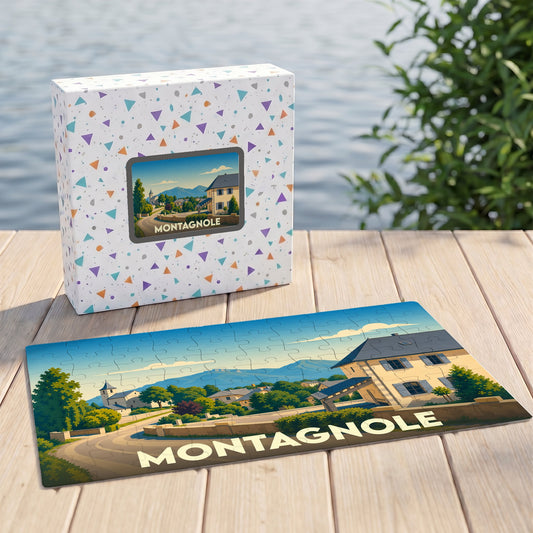 Puzzle souvenir de la ville de Montagnole avec une illustration stylisée et colorée.