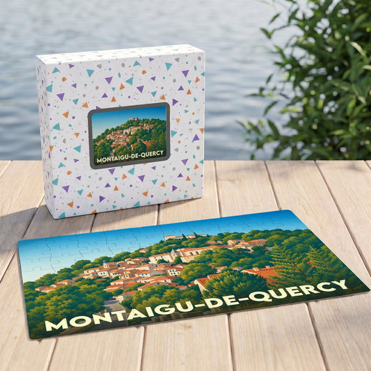 Puzzle souvenir de la ville de Montaigu-de-Quercy avec une illustration stylisée.
