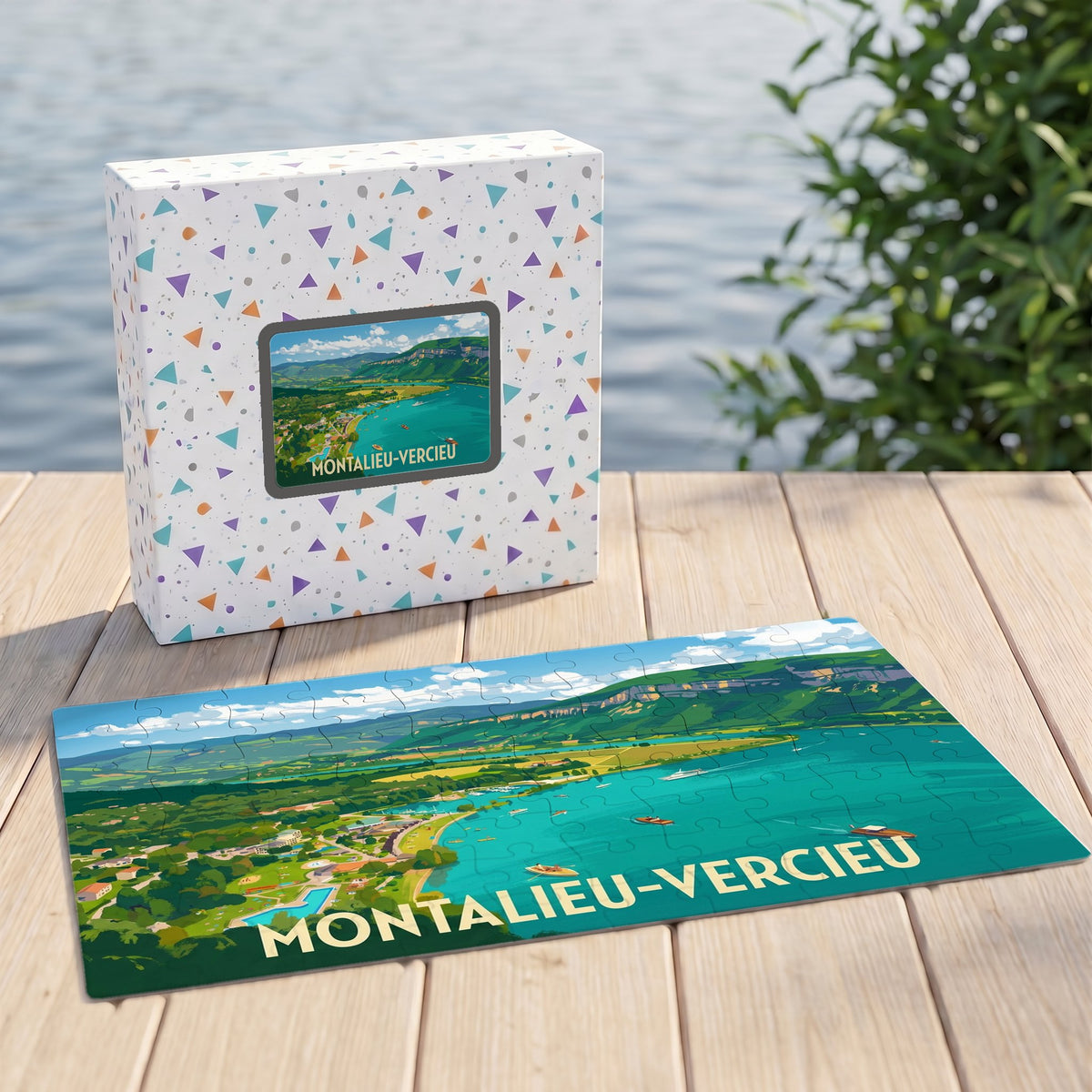Puzzle souvenir de la ville de Montalieu-Vercieu avec une illustration panoramique stylisée.