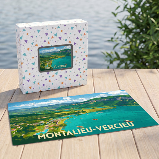Puzzle souvenir de la ville de Montalieu-Vercieu avec une illustration panoramique stylisée.