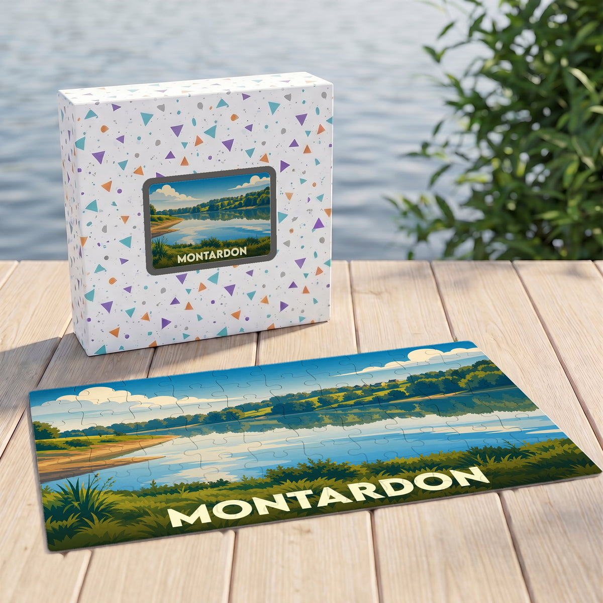 Puzzle souvenir de la ville de Montardon avec une illustration stylisée d'un paysage de lac.