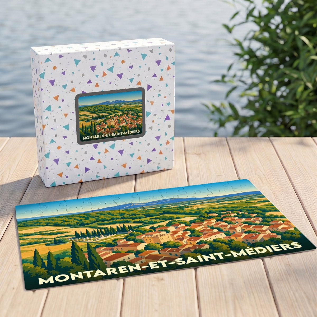 Puzzle souvenir de la ville de Montaren-et-Saint-Médiers avec une illustration stylisée de son paysage provençal.