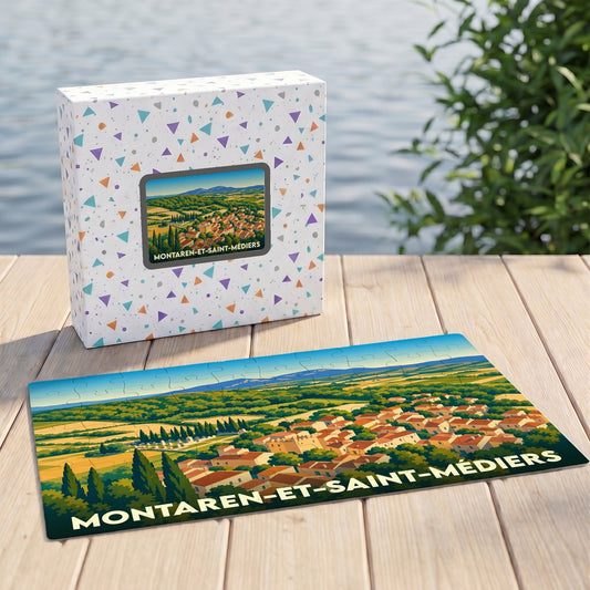 Puzzle souvenir de la ville de Montaren-et-Saint-Médiers avec une illustration stylisée de son paysage provençal.