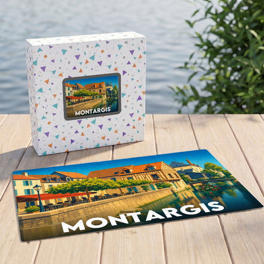 Puzzle souvenir de la ville de Montargis avec une illustration stylisée d'un quai fleuri.
