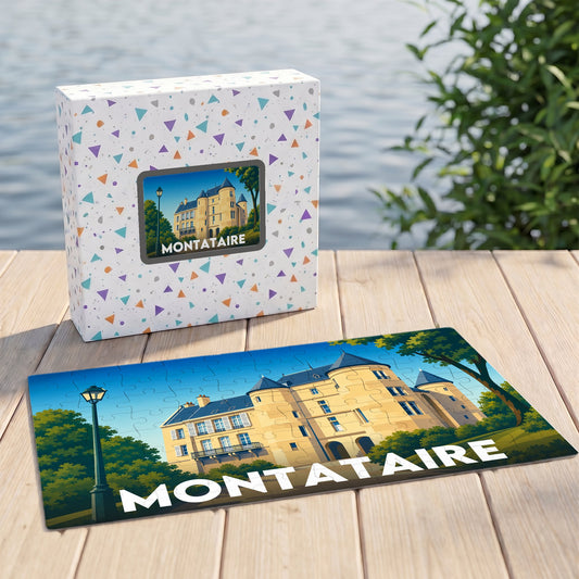 Puzzle souvenir de la ville de Montataire illustrant son château dans un style graphique épuré.