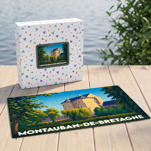 Puzzle souvenir de la ville de Montauban-de-Bretagne avec une illustration stylisée d'un château.
