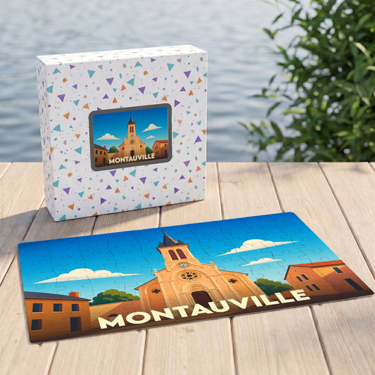 Puzzle souvenir de la ville de Montauville avec une illustration stylisée de son église.