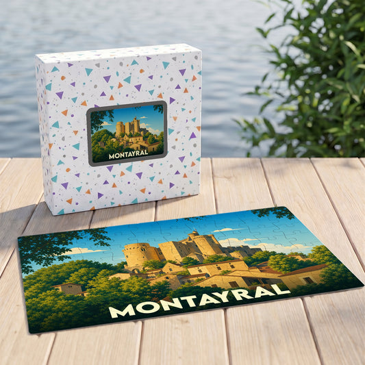 Puzzle souvenir de la ville de Montayral avec une illustration stylisée d'un château médiéval.