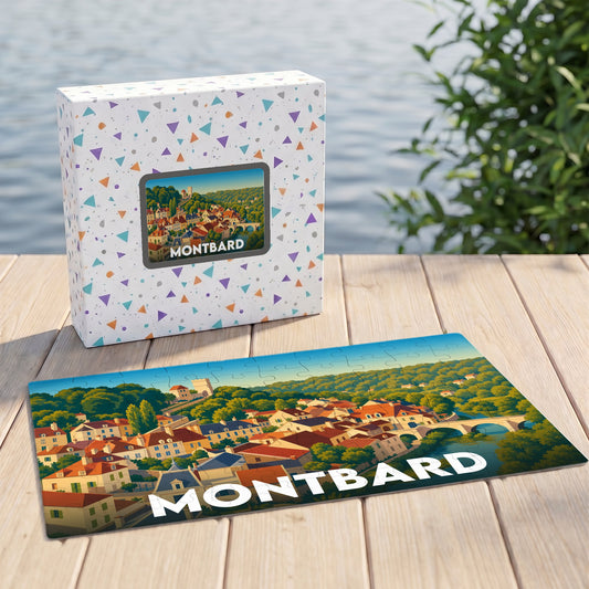 Puzzle souvenir de la ville de Montbard avec une illustration stylisée.