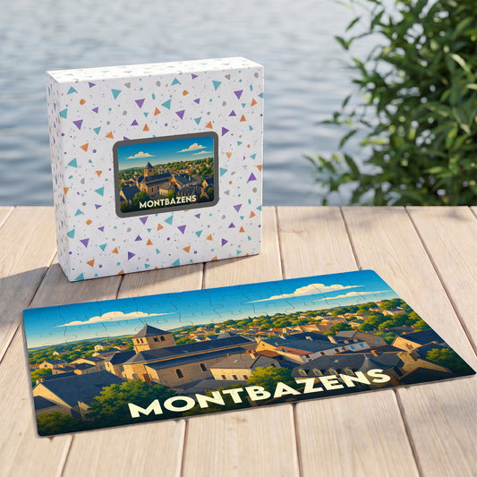 Puzzle souvenir de la ville de Montbazens avec une illustration stylisée d'un paysage urbain.