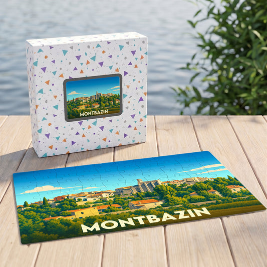 Puzzle souvenir de la ville de Montbazin avec une illustration stylisée et colorée du village.