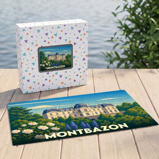 Puzzle souvenir de la ville de Montbazon avec une illustration stylisée d'un château.
