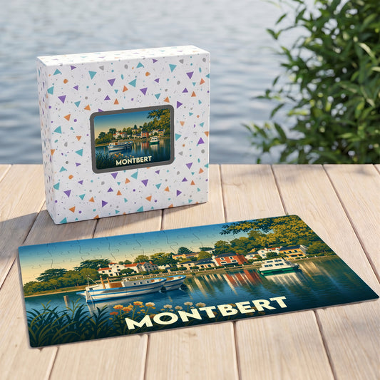 Puzzle souvenir de la ville de Montbert avec une illustration stylisée d'un paysage de bord de l'eau.