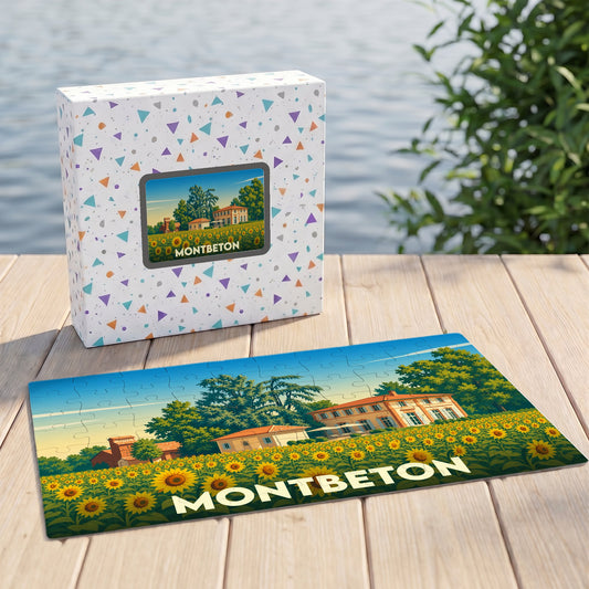 Puzzle souvenir de la ville de Montbeton illustrant un paysage ensoleillé de tournesols.