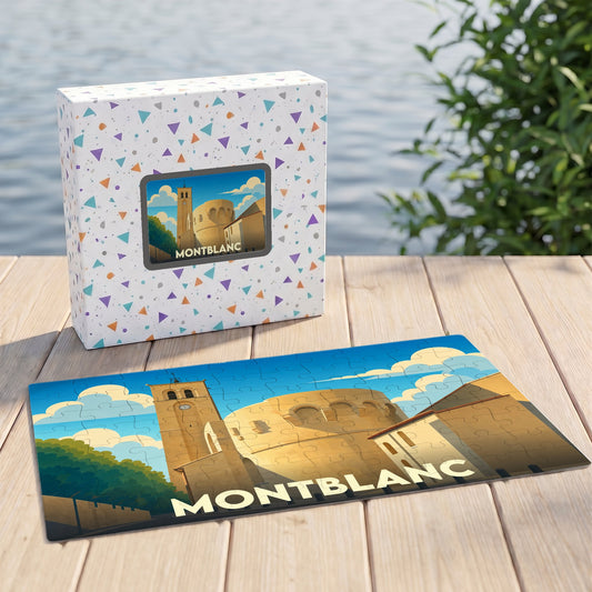 Puzzle souvenir de la ville de Montblanc avec une illustration stylisée.