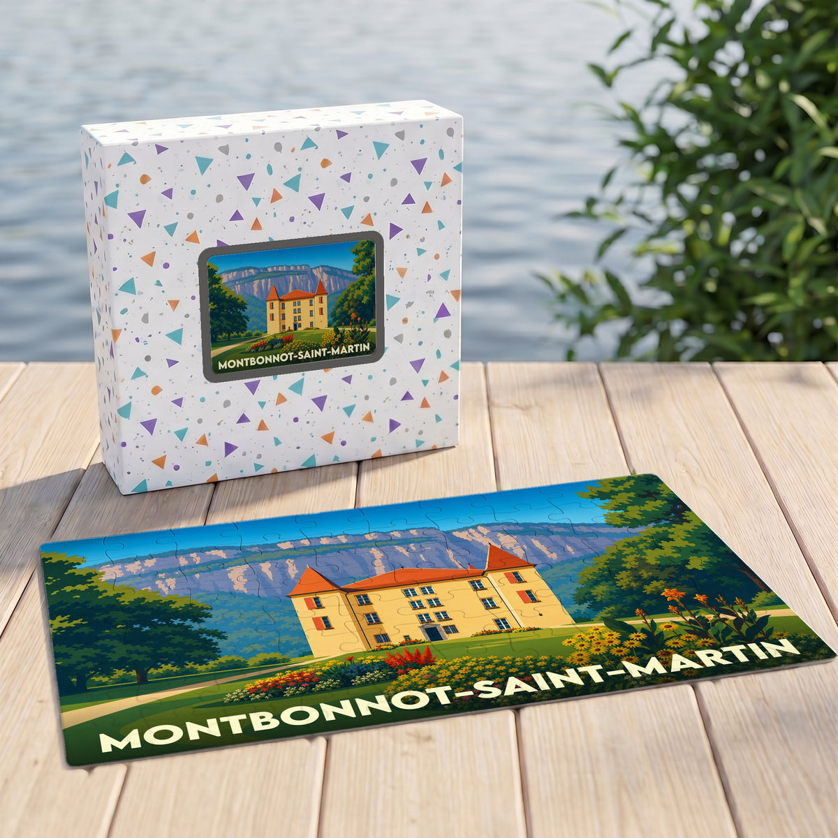 Puzzle souvenir de la ville de Montbonnot-Saint-Martin avec une illustration stylisée d'un château devant une montagne.