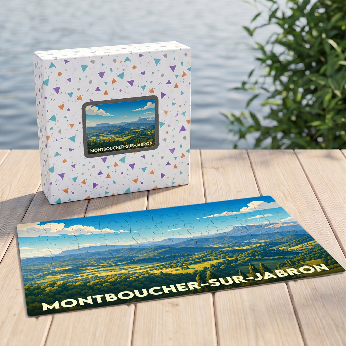 Puzzle souvenir de la ville de Montboucher-sur-Jabron avec une illustration de paysage vallonné.