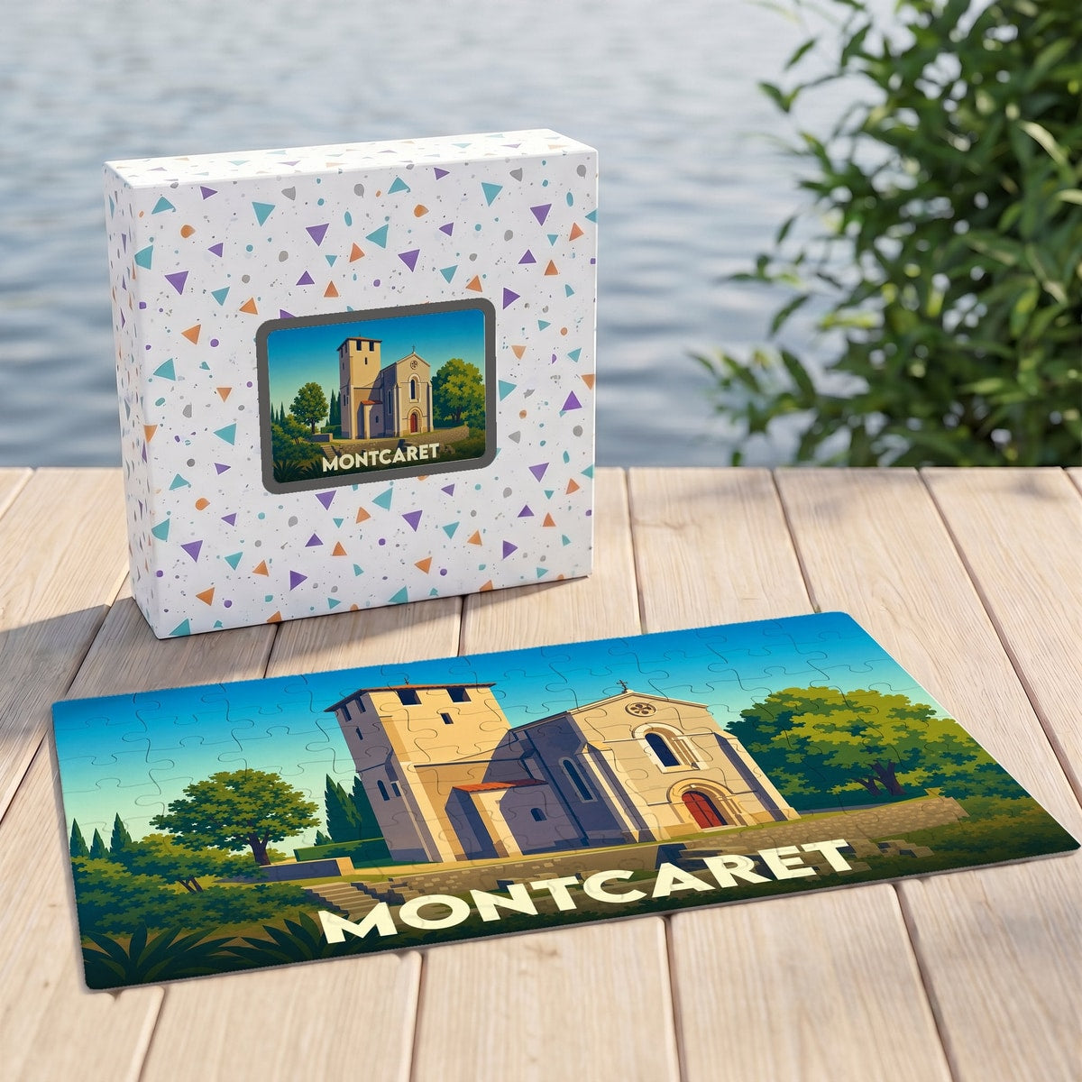 Puzzle souvenir de la ville de Montcaret présentant une illustration stylisée de son église romane.