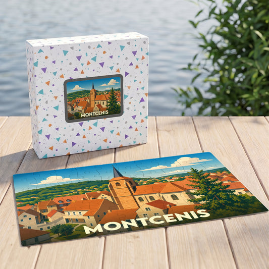 Puzzle souvenir de la ville de Montcenis représentant une vue panoramique illustrée de ses toits et de son église.