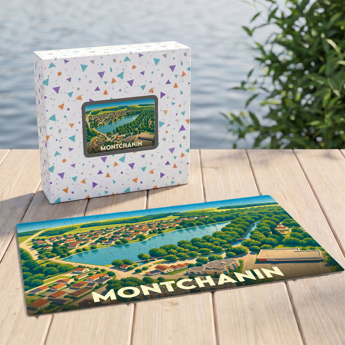 Puzzle souvenir de la ville de Montchanin avec une illustration stylisée représentant un paysage lacustre et urbain.
