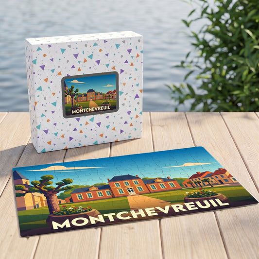 Puzzle souvenir de la commune de Montchevreuil avec une illustration stylisée.