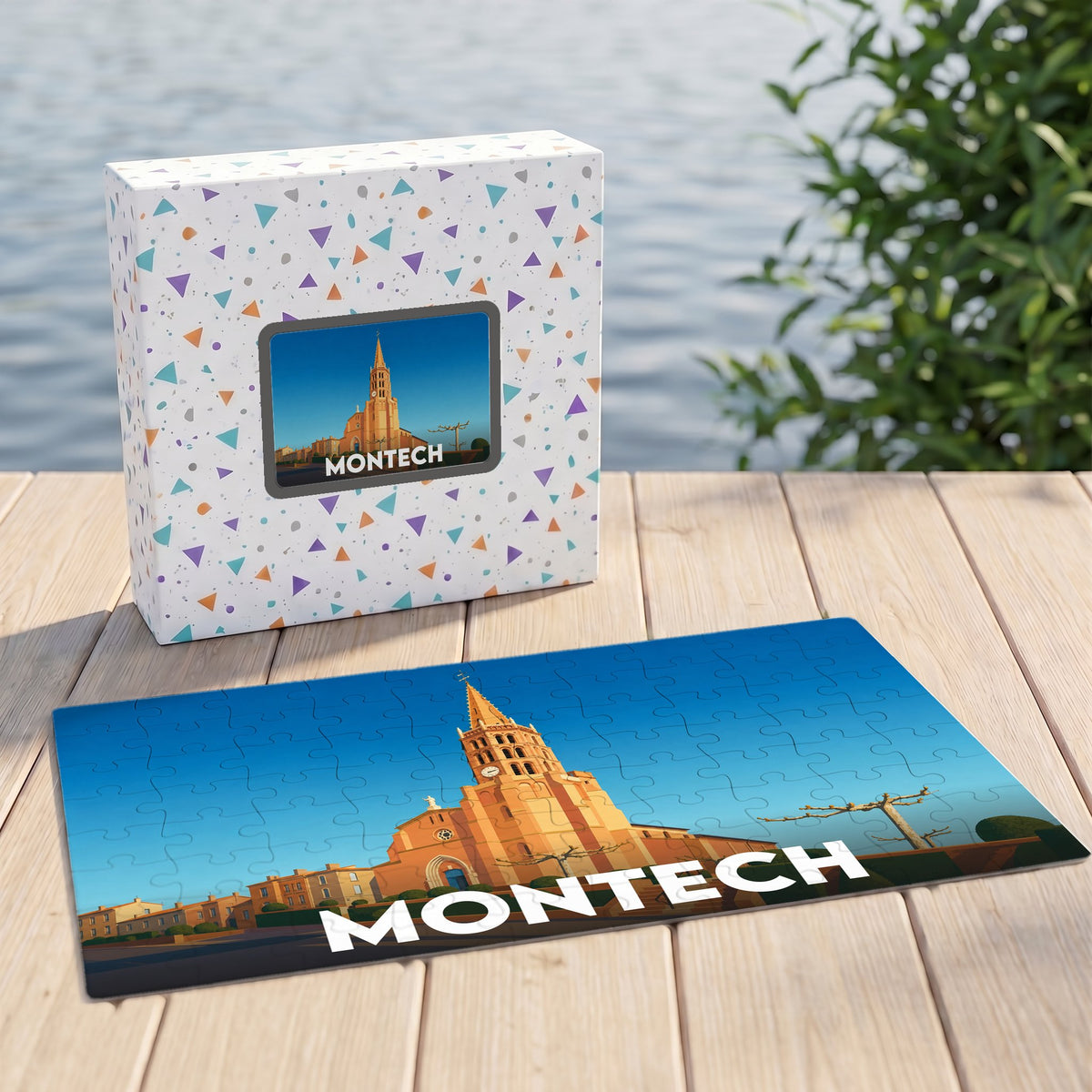 Puzzle souvenir de la ville de Montech avec une illustration stylisée de son église.