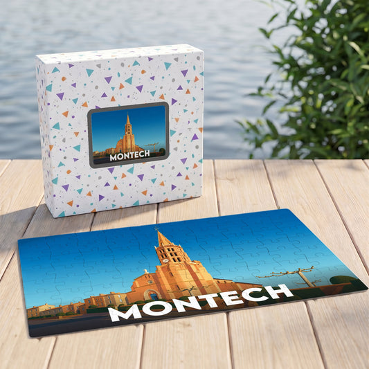 Puzzle souvenir de la ville de Montech avec une illustration stylisée de son église.