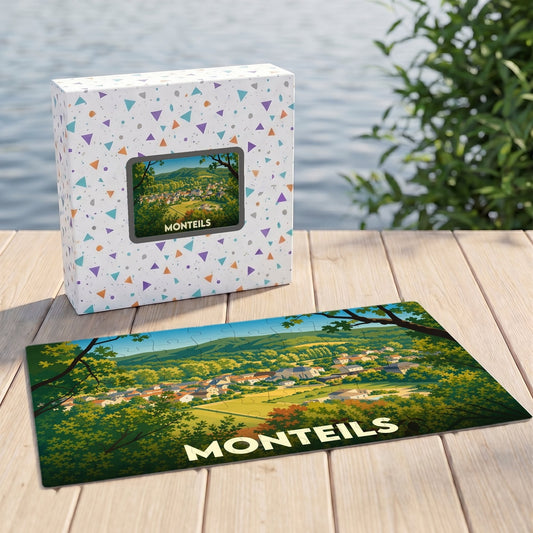 Puzzle souvenir de la ville de Monteils avec une illustration paysagère colorée et stylisée.