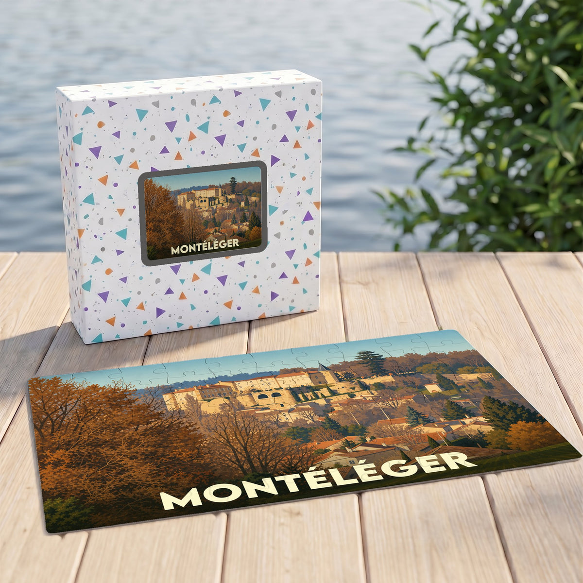 Puzzle souvenir de la ville de Montéléger avec une illustration stylisée d'un château en automne.