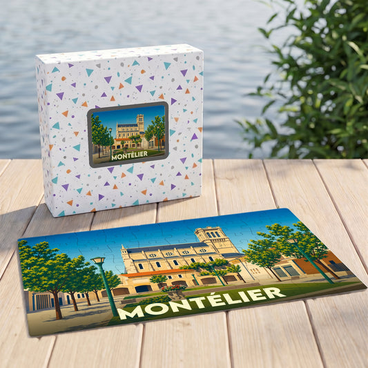 Puzzle souvenir de la ville de Montélier avec une illustration stylisée d'un bâtiment historique et d'un parc.