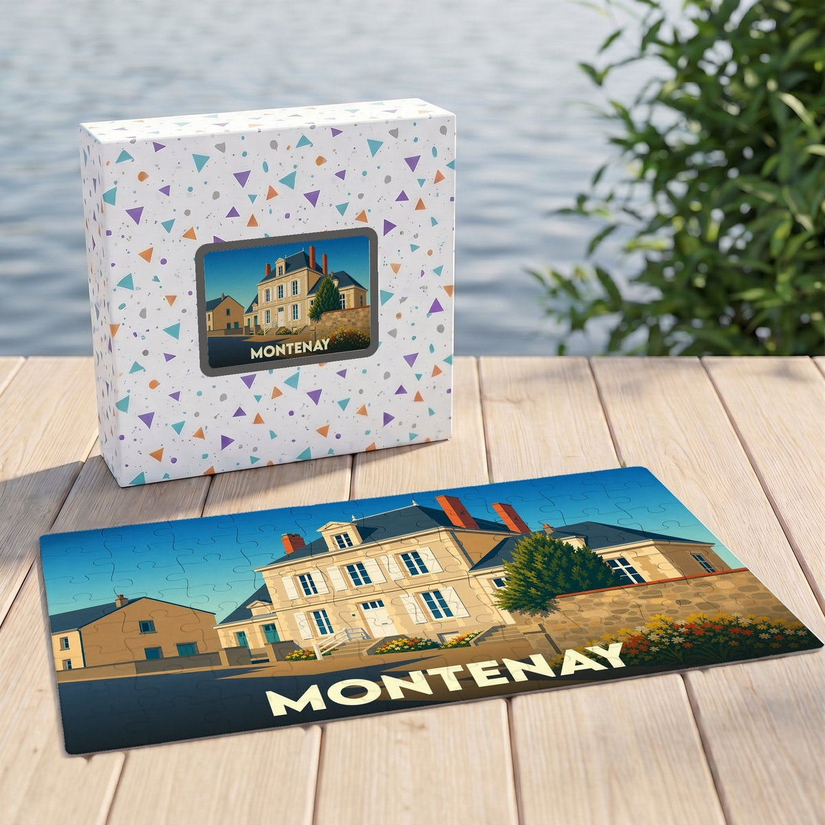 Puzzle souvenir de la ville de Montenay avec une illustration stylisée d'un bâtiment historique.