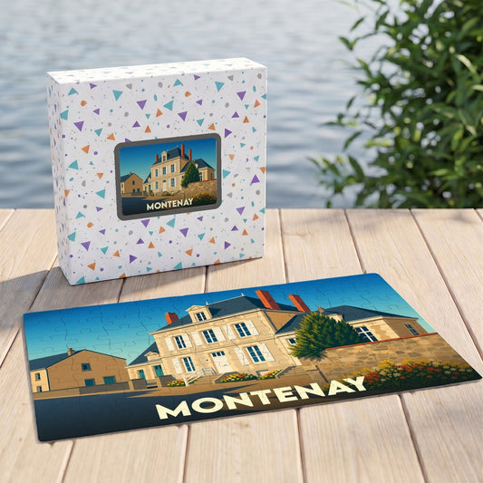 Puzzle souvenir de la ville de Montenay avec une illustration stylisée d'un bâtiment historique.