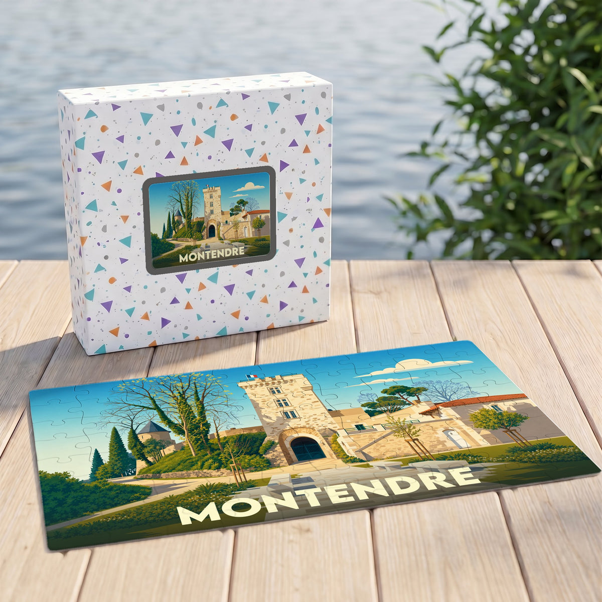 Puzzle souvenir de la ville de Montendre avec une illustration stylisée de son patrimoine architectural.
