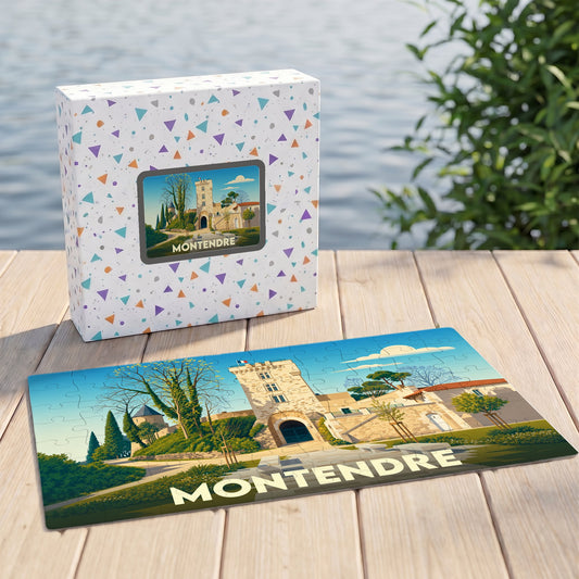 Puzzle souvenir de la ville de Montendre avec une illustration stylisée de son patrimoine architectural.