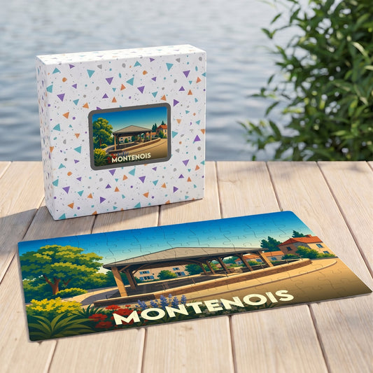 Puzzle souvenir de la ville de Montenois avec une illustration stylisée d'un marché couvert.