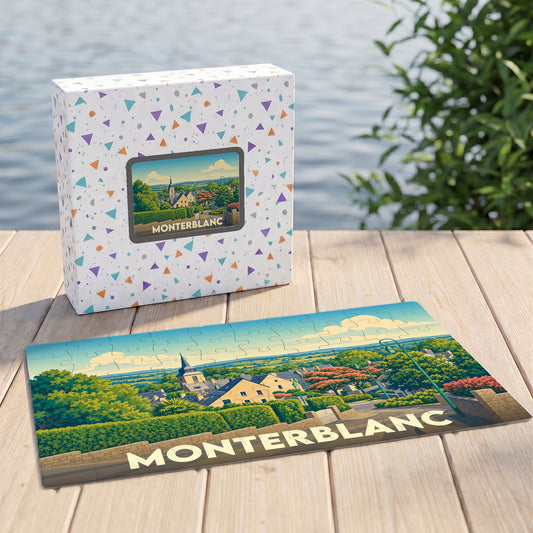 Puzzle souvenir de la ville de Monterblanc avec une illustration stylisée de son paysage urbain.