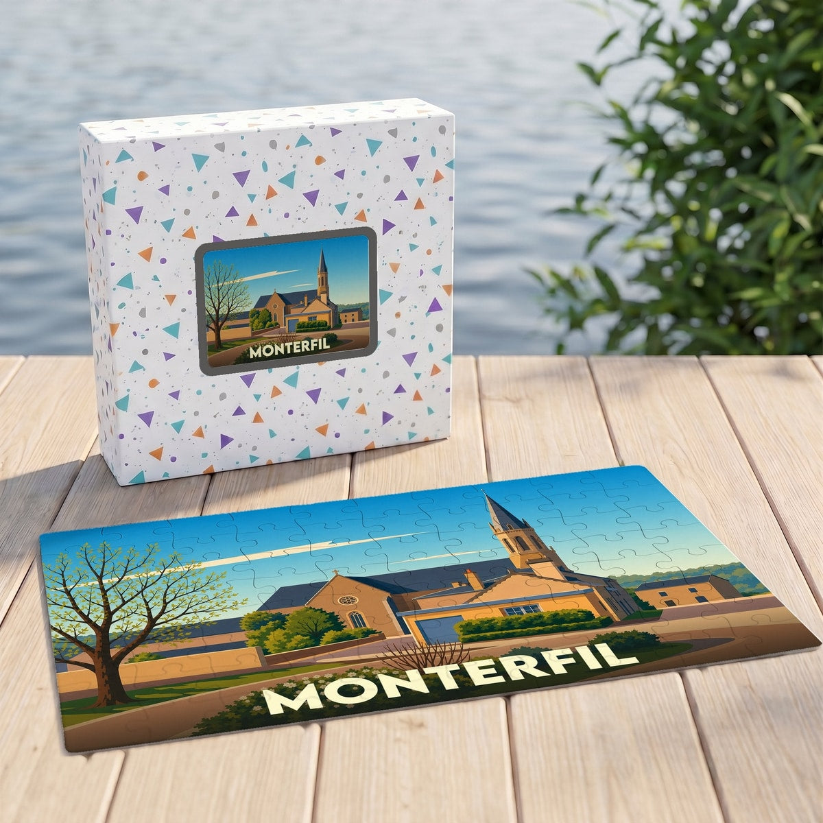 Puzzle souvenir de la ville de Monterfil avec une illustration stylisée de son église.