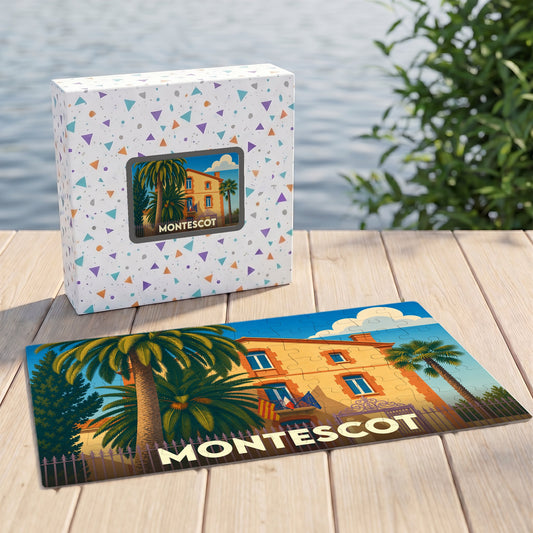 Puzzle souvenir de la ville de Montescot représentant une illustration stylisée de sa mairie sous les palmiers.