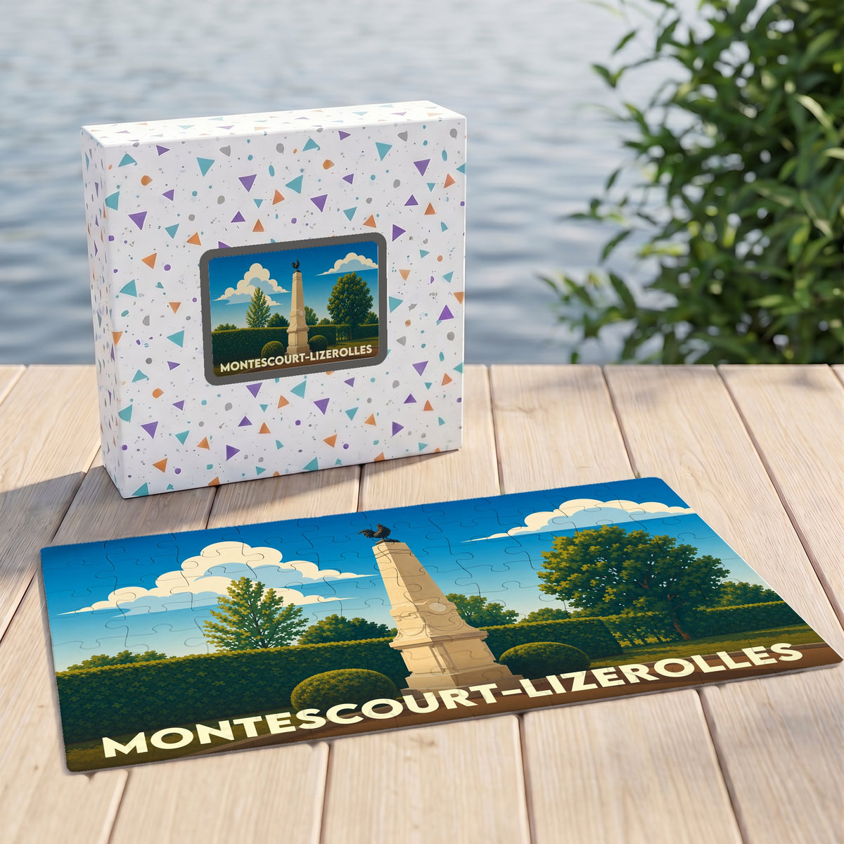 Puzzle souvenir de la ville de Montescourt-Lizerolles avec une illustration stylisée d'un monument local.