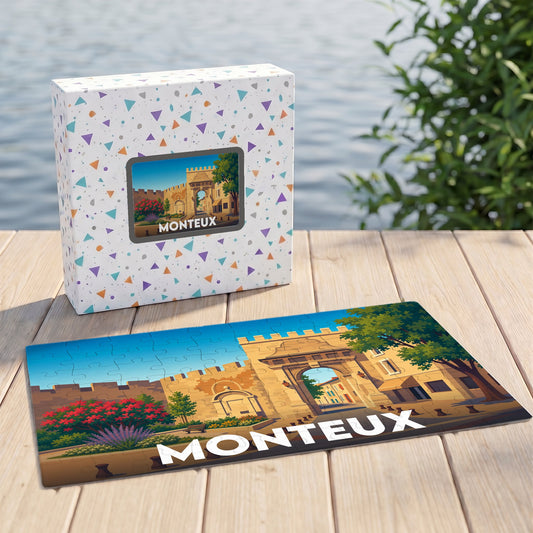 Puzzle souvenir de la ville de Monteux avec une illustration stylisée de ses remparts historiques.