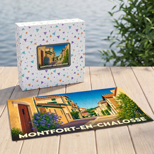Puzzle souvenir de la ville de Montfort-en-Chalosse avec une illustration stylisée d'une rue ensoleillée.