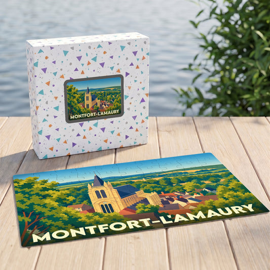 Puzzle souvenir de la ville de Montfort-l'Amaury avec une illustration stylisée et sa boîte assortie.